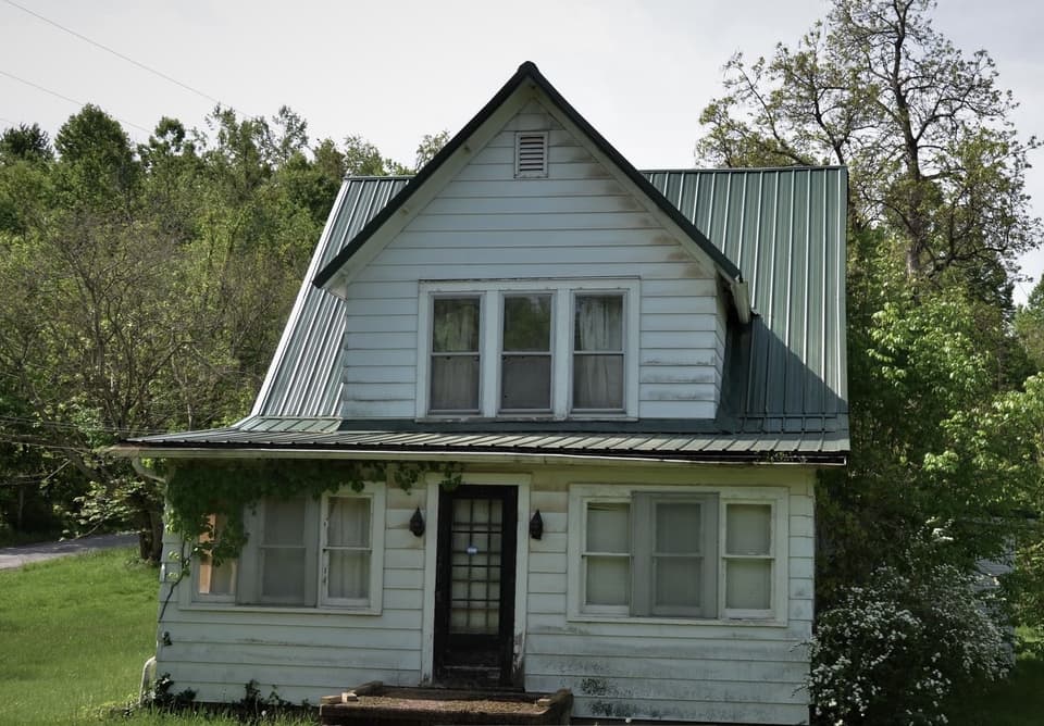 Small older house with an overgrown yard